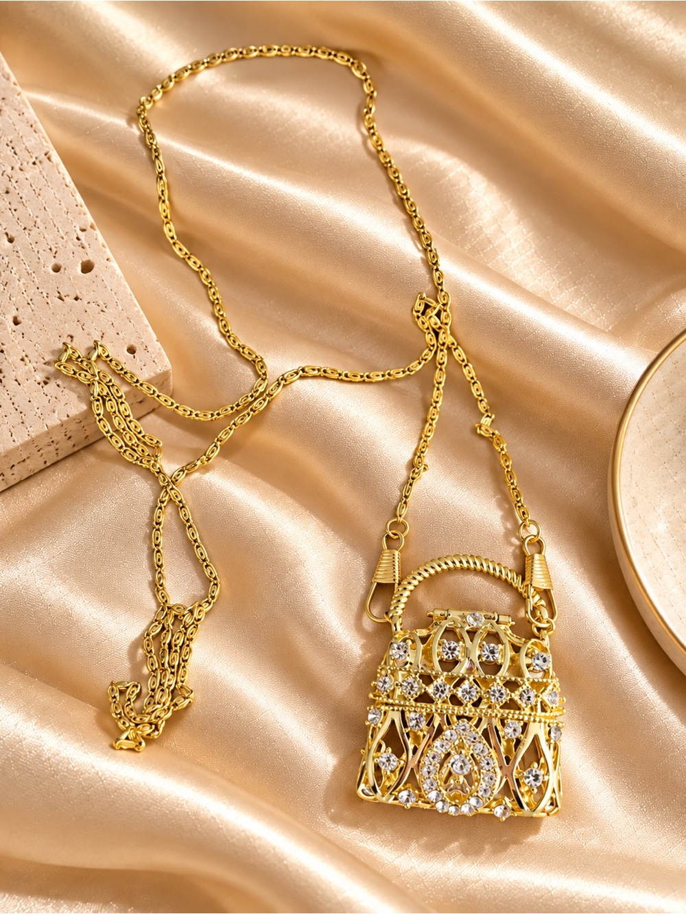 Gold Pavé Crystal Filigree Handbag Pendant Necklace